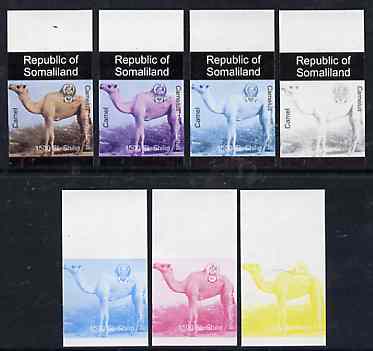 Somaliland 1997 Camel 1,500 SL (from Animal def set) set of 7 imperf progressive proofs comprising the 4 individual colours plus 2, 3 and all 4-colour composites unmounte..., stamps on animals      camel