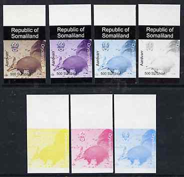 Somaliland 1997 Aardvark 500 SL (from Animal def set) set of 7 imperf progressive proofs comprising the 4 individual colours plus 2, 3 and all 4-colour composites unmount..., stamps on animals      aardvark