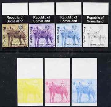 Somaliland 1997 Hyena 3,500 SL (from Animal def set) set of 7 imperf progressive proofs comprising the 4 individual colours plus 2, 3 and all 4-colour composites unmounte..., stamps on animals      hyena    dogs