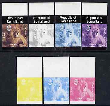 Somaliland 1997 Lion 25,000 SL (from Animal def set) set of 7 imperf progressive proofs comprising the 4 individual colours plus 2, 3 and all 4-colour composites unmounted mint, stamps on animals      cats     lion