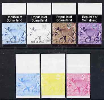 Somaliland 1997 Bat-Eared Fox 1,000 SL (from Animal def set) set of 7 imperf progressive proofs comprising the 4 individual colours plus 2, 3 and all 4-colour composites ..., stamps on animals      fox      dogs, stamps on  fox , stamps on foxes, stamps on 