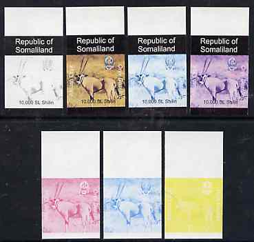 Somaliland 1997 Oryx 10,000 SL (from Animal def set) set of 7 imperf progressive proofs comprising the 4 individual colours plus 2, 3 and all 4-colour composites unmounte..., stamps on animals      oryx