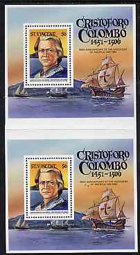 St Vincent 1992 50th Anniversary of Discovery of America $6 m/sheet (Columbus & Santa Maria) vertical pair (folded but unmounted mint) from uncut House of Questa archive ..., stamps on columbus     ships    explorers