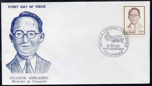 Philippines 1982 Nicanor Abelardo (composer) Commemoration illustrated cover with special cancel, stamps on personalities, stamps on music, stamps on composers, stamps on 
