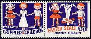 Cinderella - United States 1960 Crippled Children Easter Seals, fine mint set of 2 showing crippled boy & girl unmounted mint, stamps on disabled, stamps on cinderellas, stamps on easter
