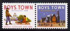 Cinderella - United States 1958 Boys Town, Nebraska fine mint set of 2 labels showing boys & Church inscribed Father Flanagan's Boys Home, stamps on churches       cinderellas