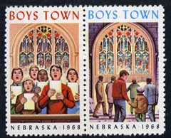 Cinderella - United States 1968 Boys Town, Nebraska fine unmounted mint set of 2 labels showing boys choir & Stained Glass Church window, stamps on churches       cinderellas       music    stained glass
