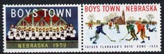 Cinderella - United States 1959 Boys Town, Nebraska fine mint set of 2 labels showing boys playing Ice Hockey & Choir, stamps on ice hockey       cinderellas       music