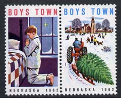 Cinderella - United States 1962 Boys Town, Nebraska fine mint set of 2 labels showing Tractor hauling Christmas Tree and Boy praying unmounted mint, stamps on churches       cinderellas    religion     tractors
