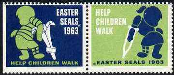 Cinderella - United States 1963 Crippled Children Easter Seals, fine mint set of 2 labels showing Children on Crutches unmounted mint, stamps on disabled       cinderellas     easter