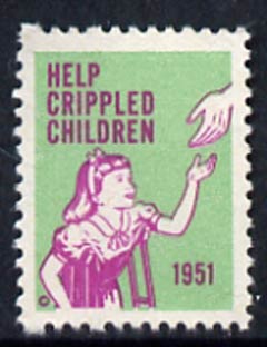 Cinderella - United States 1951 Crippled Children Easter Seal, fine unmounted mint label showing girl on crutches reaching to outstretched hand*, stamps on disabled       cinderellas       easter