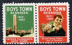 Cinderella - United States 1957 Boys Town, Nebraska fine mint set of 2 labels showing 2 boys & monument inscribed Father Flanagan's Boys Home, stamps on monuments       cinderellas