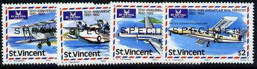 St Vincent 1982 50th Anniversary of Airmail Services unmounted mint set of 4 opt'd SPECIMEN, as SG 7-2-05, stamps on , stamps on  stamps on aviation, stamps on  stamps on  dh , stamps on  stamps on britten norman, stamps on  stamps on grumman, stamps on  stamps on hawker siddeley     