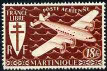 Martinique 1945 Fairey FC-1 the unissued 18f in brown unmounted mint, extremely rare, stamps on aviation, stamps on fairey