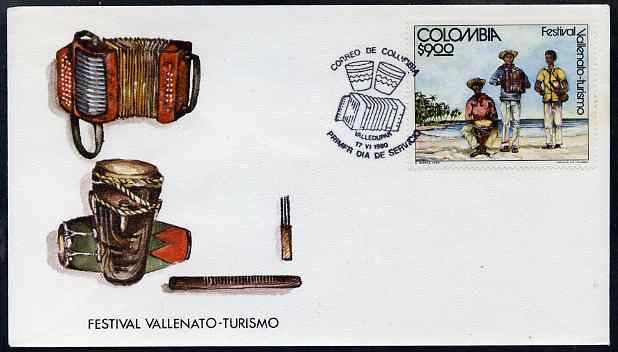 Colombia 1980 Tourist Music Festival illustrated cover with special cancel showing musical instruments, stamps on tourismmusic, stamps on 