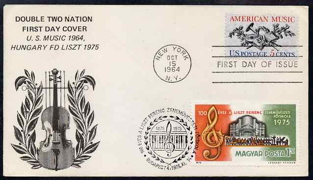 United States & Hungary 1964-75 combination cover for US Music & Franz Liszt with appropriate cancels, stamps on personalities, stamps on music, stamps on composers, stamps on liszt