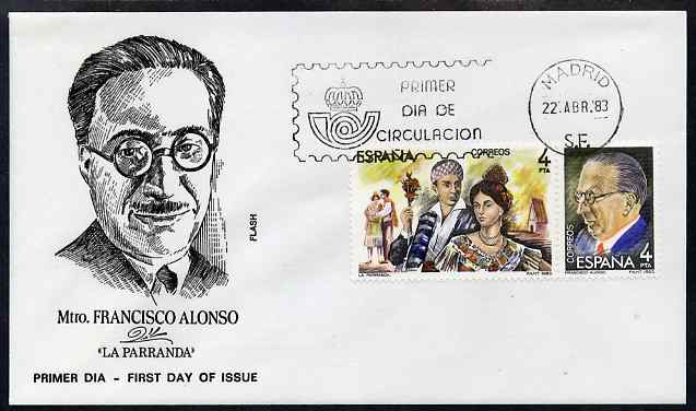 Spain 1983 Masters of Operetta - Francisco Alonso se-tenant pair on illustrated cover with first day cancel, stamps on personalities, stamps on music, stamps on composers, stamps on opera