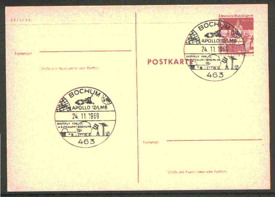 Postmark - West Berlin 1969 8pfg postal stationery card with special Bochum cancellation for Apollo 12 flight  illustrated with Lunar Module and view of Space Research Institute at Bochum, stamps on space       americana      science