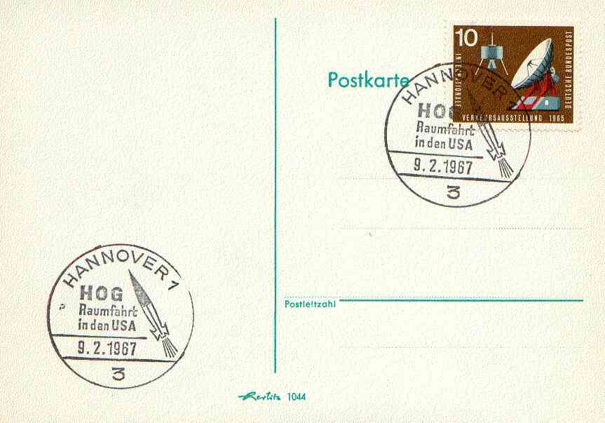 Postmark - West Berlin 1967 postcard with special cancellation for Space Travel & Space Research in the USA, illustrated with Rocket & Initials HOG (Hermann Oberth Societ..., stamps on space       americana     science