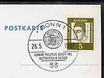 Postmark - West Berlin 1967 postcard bearing 5pfg stamp with special cancellation for Meeting of Friends of the German Philatelic Society illustrated with Brandenburg Gat..., stamps on postal       americana