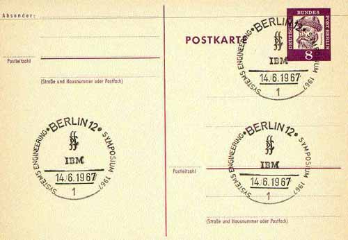 Postmark - West Berlin 1967 postcard bearing 8pfg stamp with special cancellation for Systems Engineering Symposium illustrated with IBM Insignia, stamps on computers       americana