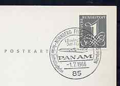 Postmark - West Germany 1966 postcard bearing 1pfg stamp with special cancellation for the First Boeing 727 Pan-Am Flight between Nuremburg and West Berlin illustrated wi..., stamps on aviation       americana     boeing, stamps on 727
