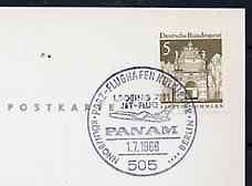 Postmark - West Germany 1966 postcard bearing 5pfg stamp with special cancellation for the First Boeing 727 Pan-Am Flight between Cologne and West Berlin illustrated with..., stamps on aviation       americana     boeing, stamps on 727