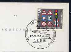 Postmark - West Germany 1966 postcard bearing 5pfg stamp with special cancellation for the First Boeing 727 Pan-Am Flight between Munich and West Berlin illustrated with ..., stamps on aviation       americana     boeing, stamps on 727