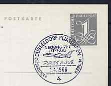 Postmark - West Germany 1966 postcard bearing 1pfg stamp with special cancellation for the First Boeing 727 Pan-Am Flight between DŸsseldorf and West Berlin illustrated ..., stamps on aviation       americana     boeing, stamps on 727