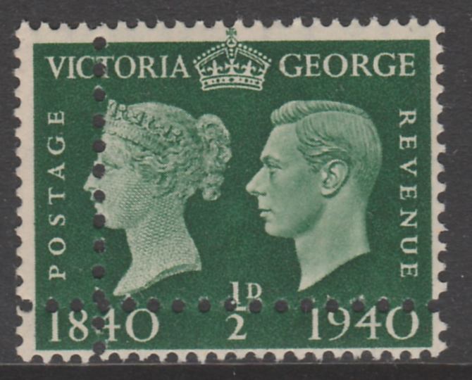 Great Britain 1940 Stamp Centenary 1/2d green unmounted mint with perforations doubled (stamp is quartered) interesting forgery. Note: the stamp is genuine but the additional perfs are a slightly different gauge identifying it to be a forgery., stamps on  kg6 , stamps on forgery, stamps on forgeries, stamps on stamp centenaries, stamps on stamp centenary