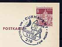 Postmark - West Berlin 1969 8pfg postal stationery card with special cancellation for the Cuxhaven 'With Apollo to the Moon' Exhibition, illustrated with Space Vehicle & Initials HOG (Hermann Oberth Society), stamps on space       