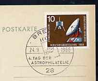 Postmark - West Germany 1966 postcard bearing 10pfg stamp with special cancellation for Fourth Astrophilately Day illustrated with Stylised stamp with Rocket & Globe, stamps on , stamps on  stamps on space, stamps on stamp on stamp, stamps on postal     globes, stamps on  stamps on stamponstamp