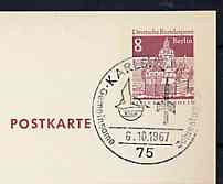 Postmark - West Berlin 1967 8pfg postal stationery card with special cancellation for Karlsruhe Joint Annual Space Congress illustrated with Logos of the 2 Societies, stamps on , stamps on  stamps on space     