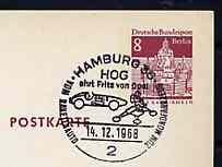 Postmark - West Berlin 1968 8pfg postal stationery card with special Hamburg cancellation for 'From Rocket Car to Moon Vehicle' Stamp Exhibition, Hamburg illustrated with Rocket Car & Moon Vehicle, stamps on space      cars, stamps on stamp exhibitions