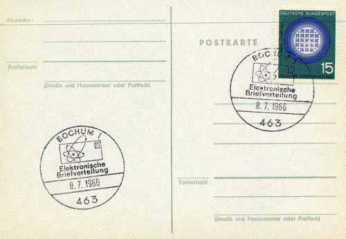 Postmark - West Berlin 1966 postcard with special cancellation for the Introduction of electronic Letter Sorting illustrated with stylised letter and Nuclear symbol, stamps on nuclear      science     atomics        postal