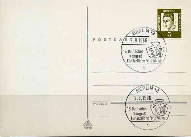 Postmark - West Berlin 1966 postcard with special cancellation for German Congress for Medical Further Education illustrated with Shields, stamps on medical