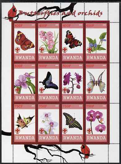 Rwanda 2009 Butterflies and Orchids imperf sheetlet containing 12 values unmounted mint, stamps on butterflies, stamps on flowers, stamps on orchids