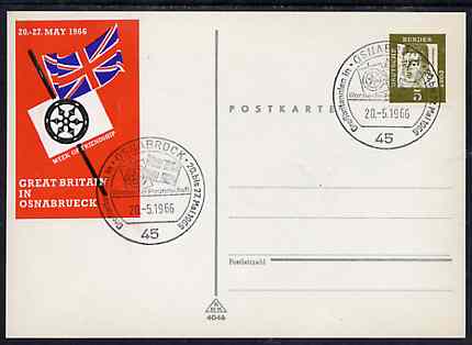 Postmark - West Germany 1966 postcard with special cancellation for Great Britain in Osnabrueck Week illustrated with Union Jack & Wagon Wheel also bearing the publicity 'sticker', stamps on flags     