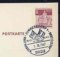 Postmark - West Berlin 1967 8pfg postal stationery card with special cancellation for Fifth Anniversary of German - Belgian Friendship illustrated with Crossed Flags, stamps on flags