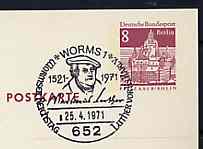 Postmark - West Berlin 1971 8pfg postal stationery card with special cancellation for 450th Anniversary of Diet of Worms illustrated with Luther's Bust & Signature, stamps on religion