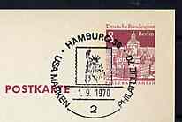 Postmark - West Berlin 1970 8pfg postal stationery card with special cancellation for Philatelie 70 Stamp Exhibition illustrated with Statue of Liberty on Stamp, stamps on space       americana, stamps on stamp on stamp, stamps on monuments    , stamps on stamponstamp