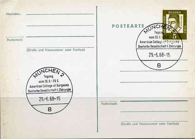Postmark - West Germany 1968 postcard with special cancellation for Joint Congress of the American College of Surgeons &  the German Society of Surgeons, stamps on americana    medical