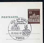 Postmark - West Germany 1966 postcard with special cancellation for Weil am Rhein Stamp Day illustrated with Postillion, stamps on postal, stamps on postman