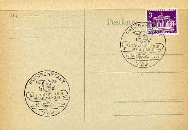 Postmark - West Berlin 1967 postcard with special Freudenstadt cancellation for Graf Zeppelin Philatelists' Club illustrated with head of Zeppelin & Airship, stamps on aviation, stamps on airships, stamps on zeppelins