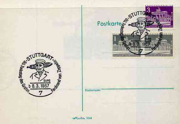 Postmark - West Berlin 1967 postcard with special Stuttgart cancellation for 50th Anniversary of Death of Count Ferd von Zeppelin illustrated with head of Zeppelin & Airship, stamps on aviation, stamps on airships, stamps on death, stamps on zeppelins