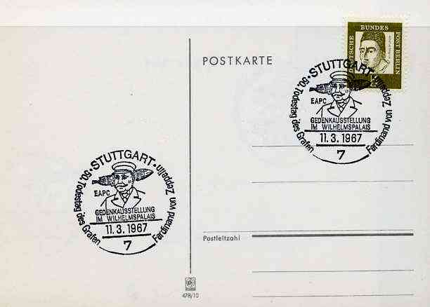 Postmark - West Berlin 1967 postcard with special Stuttgart cancellation for 50th Anniversary of Death of Count Ferd von Zeppelin Exhibition illustrated with head of Zeppelin & Airship, stamps on aviation, stamps on airships, stamps on stamp exhibitions, stamps on death, stamps on zeppelins