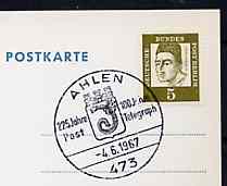 Postmark - West Berlin 1967 postcard with special cancellation for 225 Years of the Post in Ahlen illustrated with Towns Arms, stamps on postal    arms, stamps on heraldry