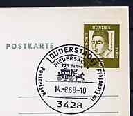Postmark - West Germany 1968 postcard with special cancellation for 275 Years of the Post in Duderstadt illustrated with Mailcoach, stamps on postal    mail coaches