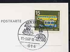 Postmark - West Germany 1967 postcard with special Bensheim cancellation for 14th Exchange Day illustrated with Bust of early Postman & Badge of Federation of German Philatelists, stamps on postal     postman