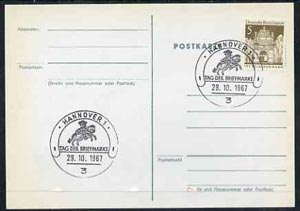 Postmark - West Germany 1967 postcard with special Hannover cancellation for Stamp Day illustrated with Mounted Postal Courier & Horseshoe, stamps on postal    postman    horses